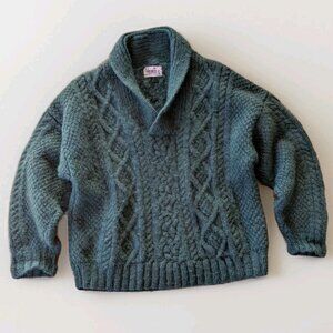 Vintage Romney Designs Aran Sweater Shawl Collar Wool Cable Knit Green Men’s M